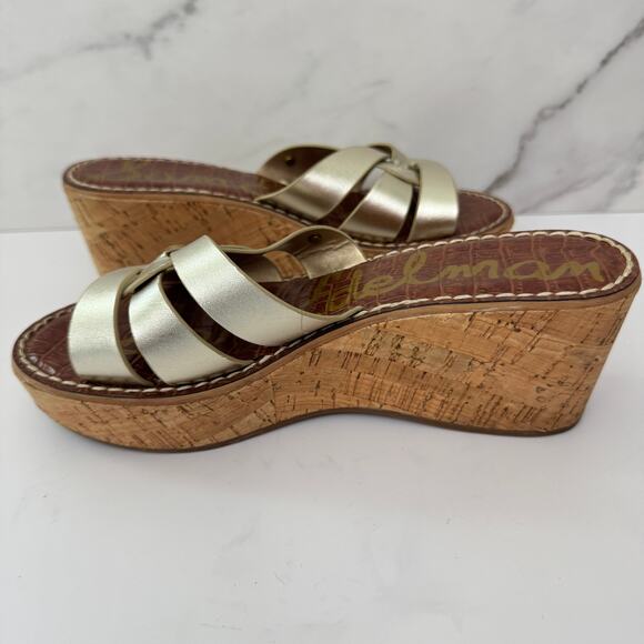 Sam Edelman Womens Raynere Slide Platform Sandals Size 8 Leather Cork Gold - Picture 3 of 10